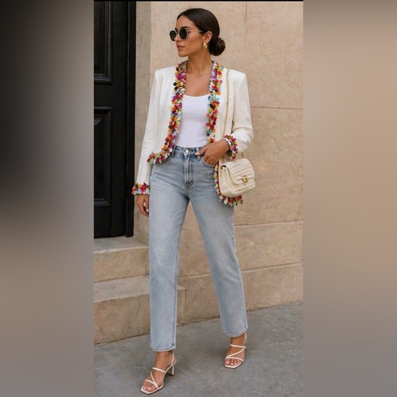 style midnight velvet Jackets & Blazers - Cream Fringed Trim Blazer - Elegant Casual Tailoring